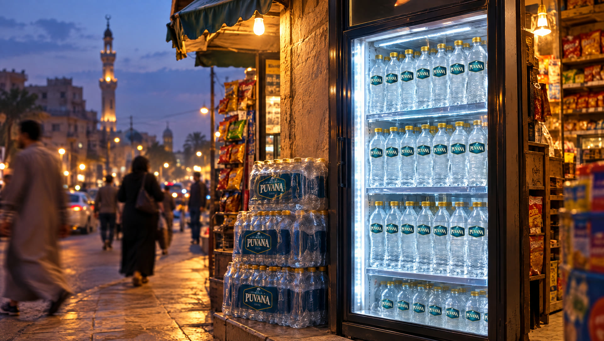 Puvana bottles in a corner-shop fridge