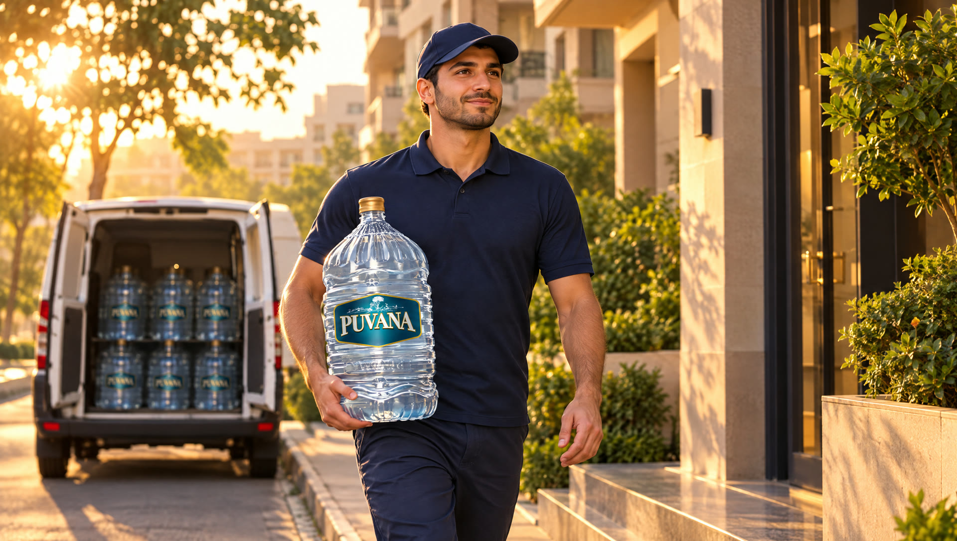 A Puvana driver delivering an 18.9 litre gallon