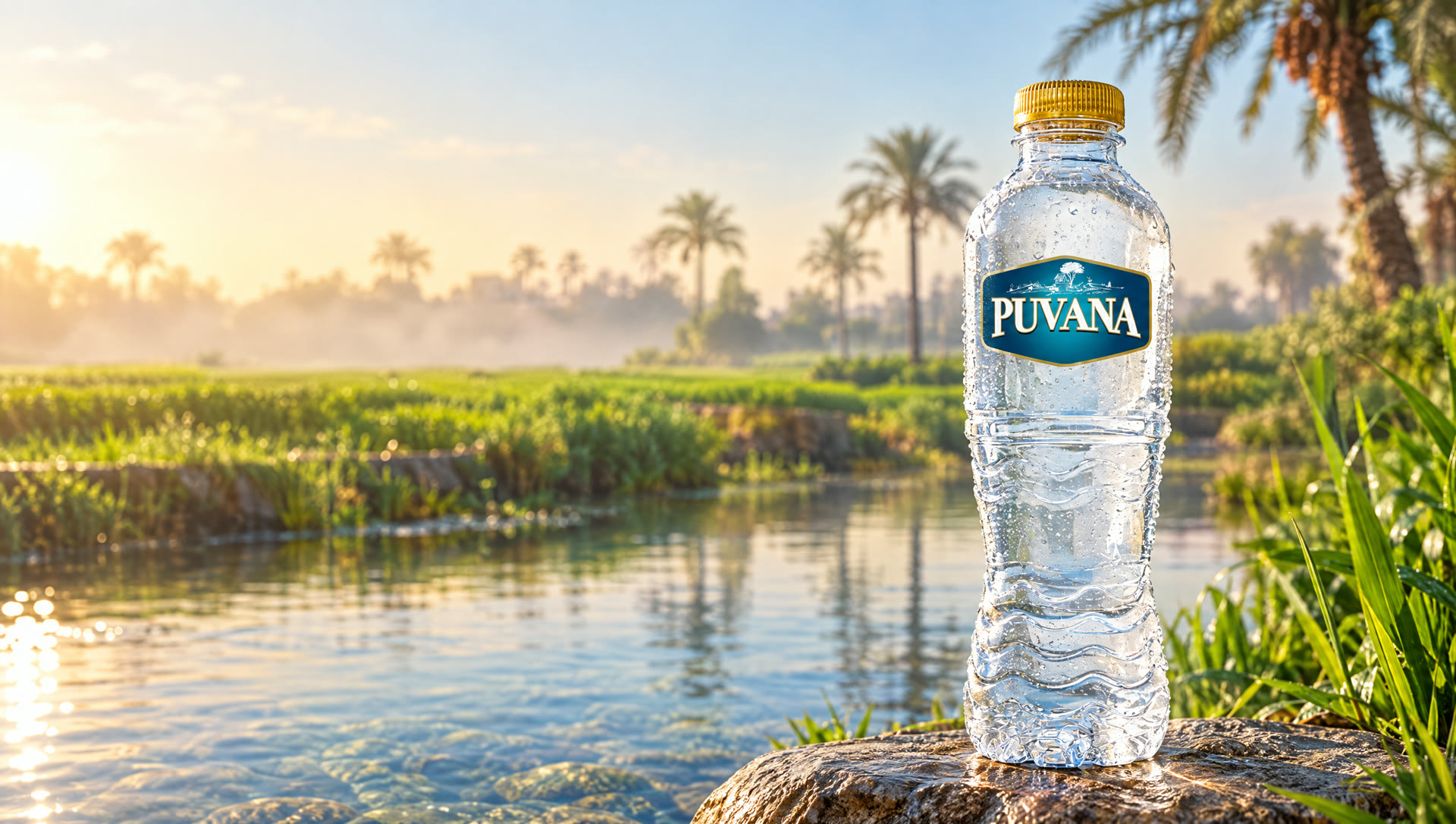 A Puvana bottle by the Nile at sunrise